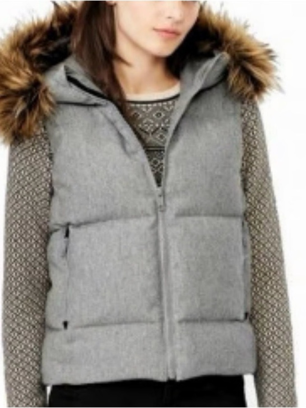 GAP Gray Puffer Vest with Faux Fur-Trim Hood